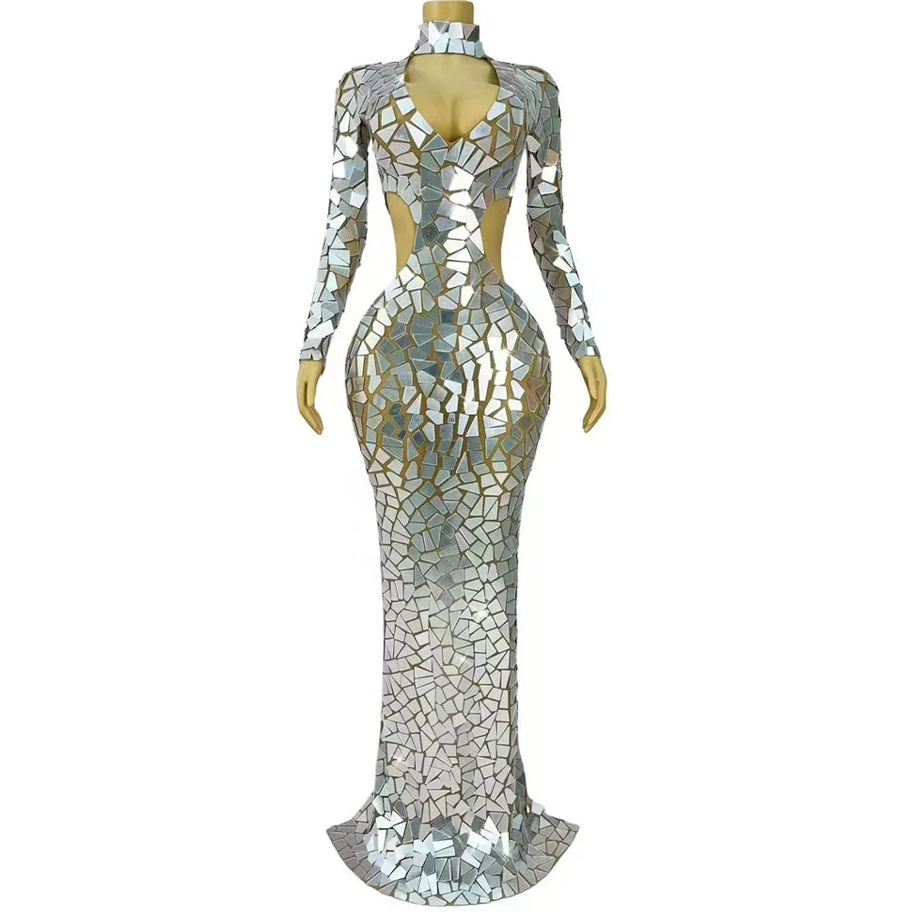 

Sexy Stage Luxurious Full Silver Mirrors V-neck Hollow Waist Dress Shining Heavy Evening Gown Women Prom Party Show Outfit