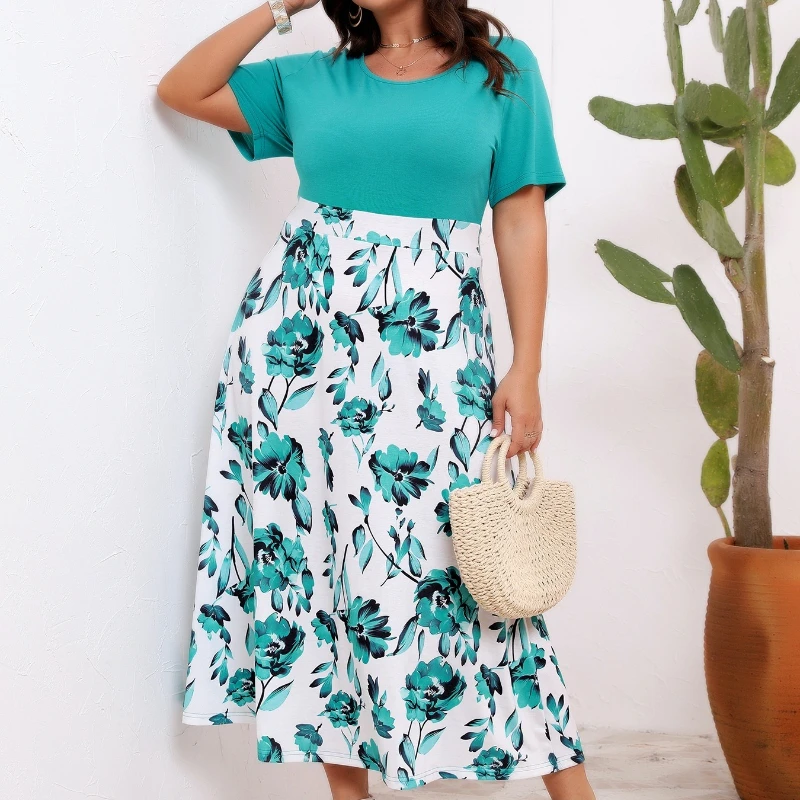 

Plus Size Women's Summer Long Dress Flower Floral Print Patchwork Beach Sundress Ruffle Ladies Casual Loose Pleated Dresses