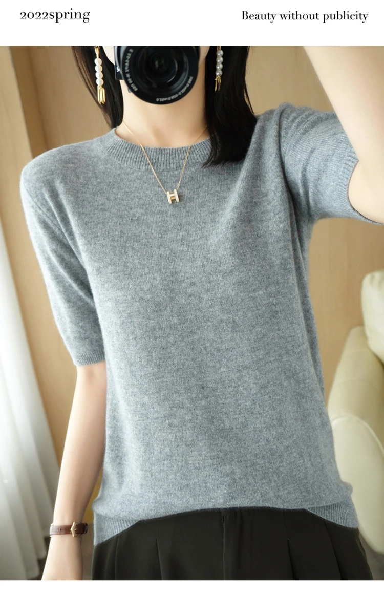 Spring 2022 New Women's O-Neck Short-Sleeved Exquisite Cashmere Sweater Pullover