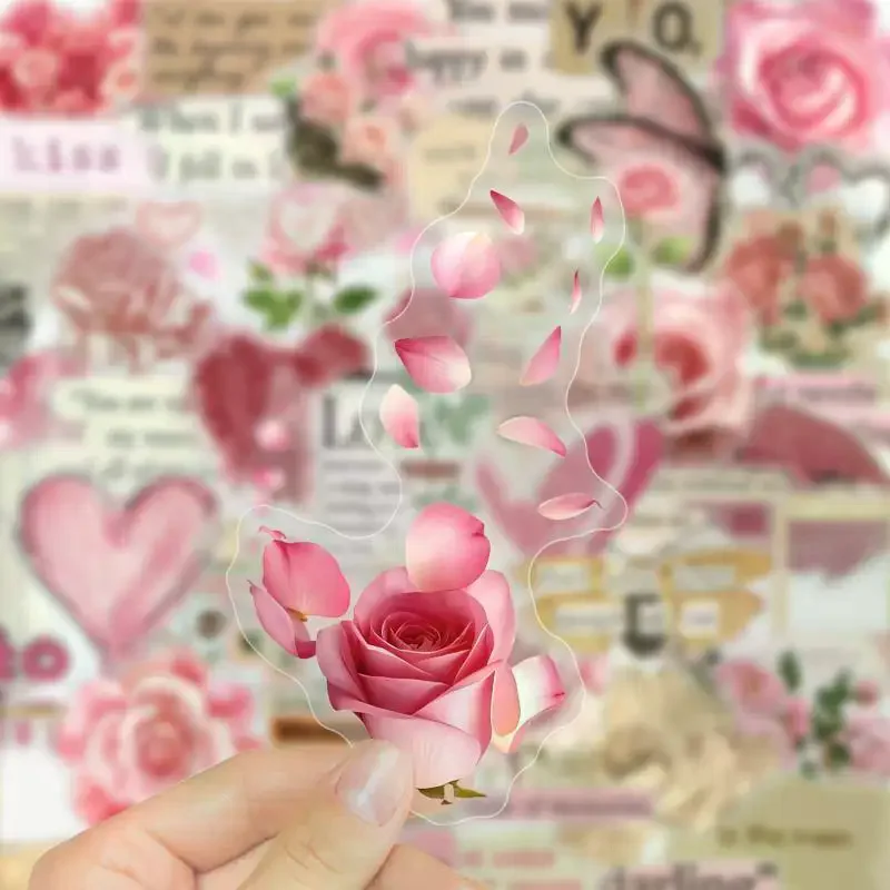 50 Pcs Vintage Rose & Love PVC Graffiti Stickers Retro Style Unique Decorative Journal Labels Handmade Art Supplies