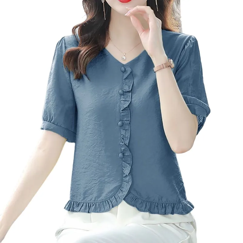 

4XL Women Summer Spring Ruffle Blouses Lady Fashion Casual Short Sleeve O-Neck Solid Color Buttons Clothing Tops & Tees WY0861