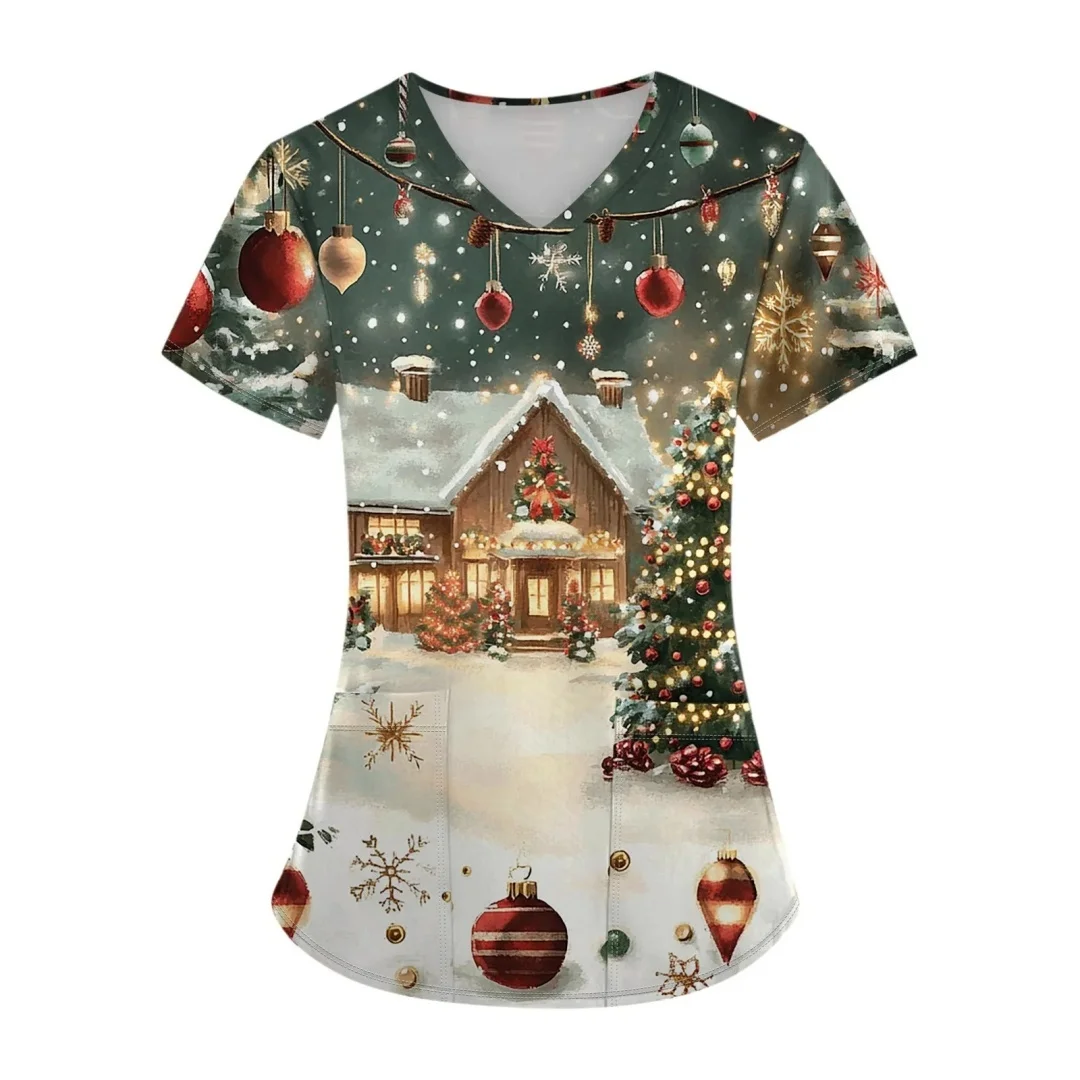 

Женская медицинская рождественская униформа со снеговиком, стоматологические топы для кормления, v-образный вырез, карман с короткими рукавами, Клиническая униформа с 3D принтом Санта-Клауса