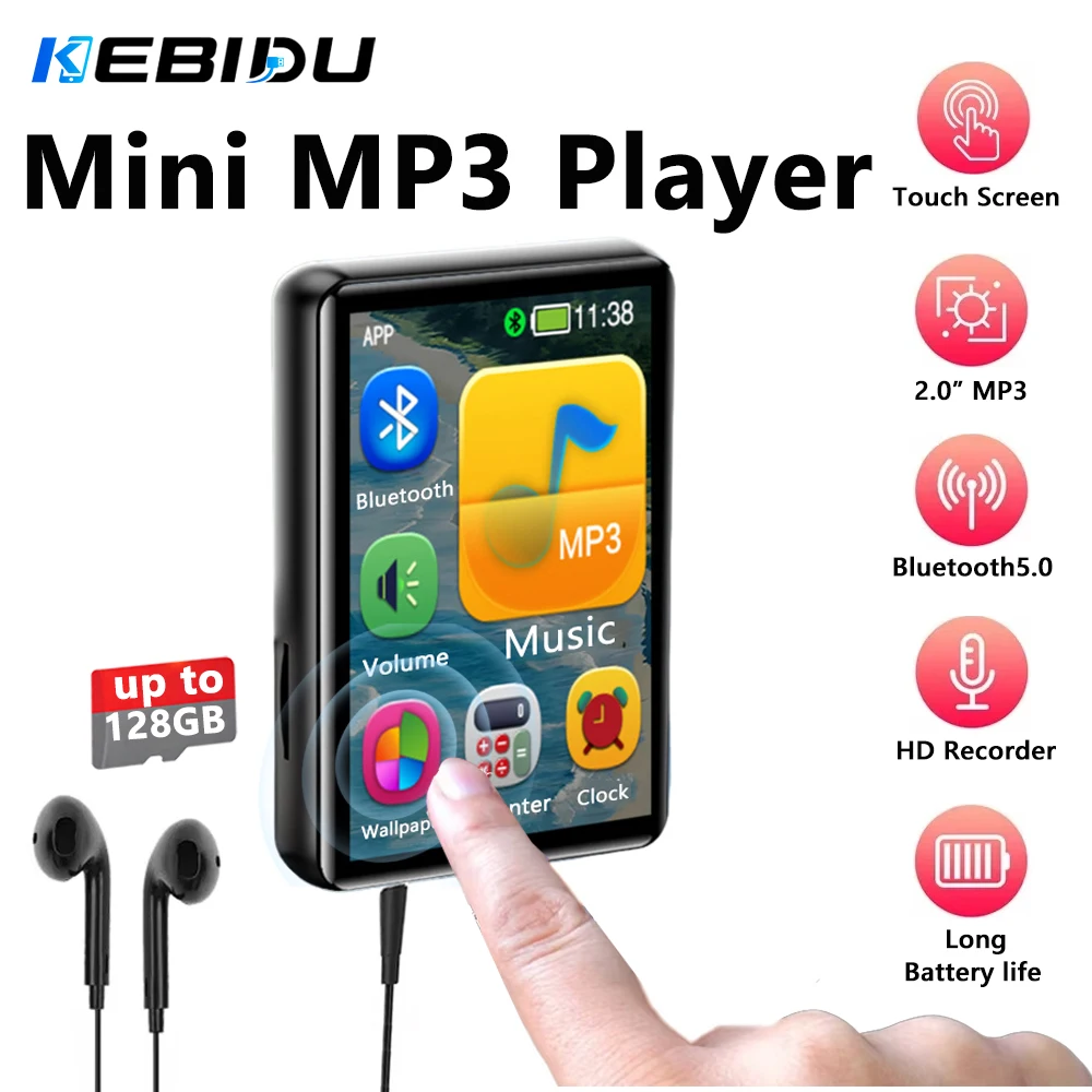 KEBIDU MP3-Player mit Touchscreen, Walkman, Mini-Bluetooth-Musikbox, HiFi Lossless Vollbild-Player, unterstützt FM, E-Book, Aufnahme