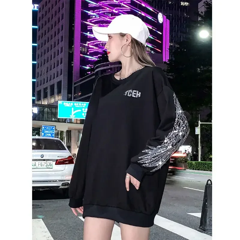 Female Streetwear Sweatshirt Rhinestone Women\'s Sweat-shirt Graphic Spring Autumn Pullover Aesthetic Korean Fashion Crewneck Top