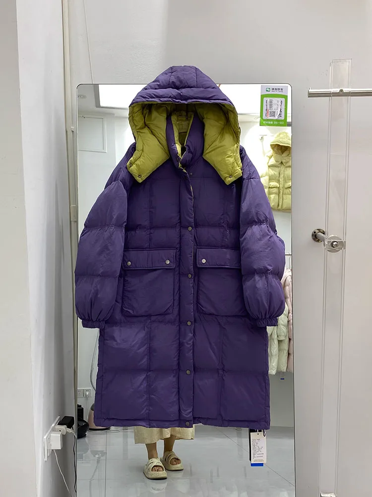 Women Down Jacket Casual Loose Over Size Patchwork Autumn Winter Warm Thick Hooded Outwear Stand Collar Coat 2025