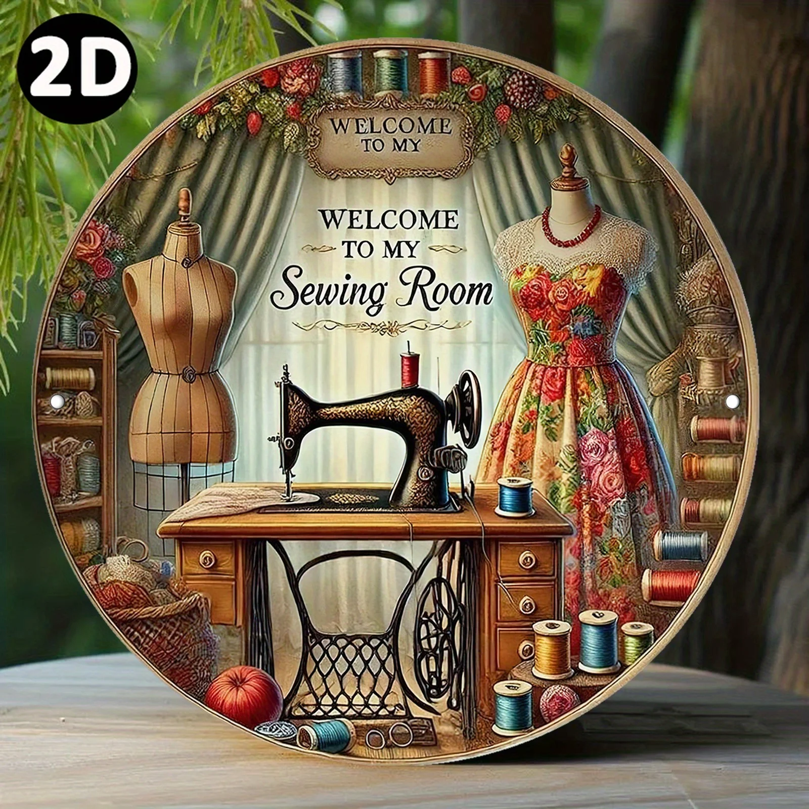 Plaque murale ronde en métal 2D plate, thème couture vintage - Panneau en aluminium 20x20cm/7.87in avec motif machine à coudre et rouleau de tissu
