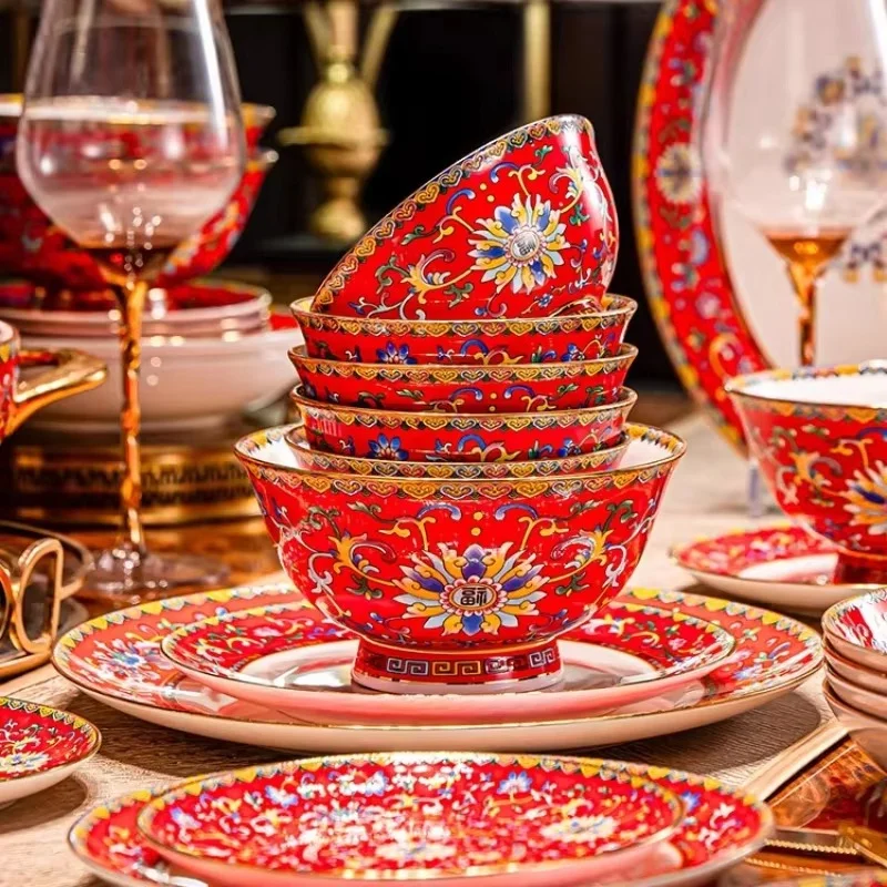 Enamel-coloured Tableware Set Red Weddings Housewarming For Home Use Jingdezhen Chinese-style High-end Bone China Gift Box Set