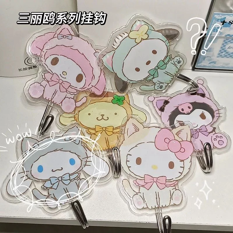 Sanrio Kuromi Acrylic Hook Hello Kitty Cartoon Bathroom Towel Hook Cute Traceless Punch-free Portable Hook Door Decoration