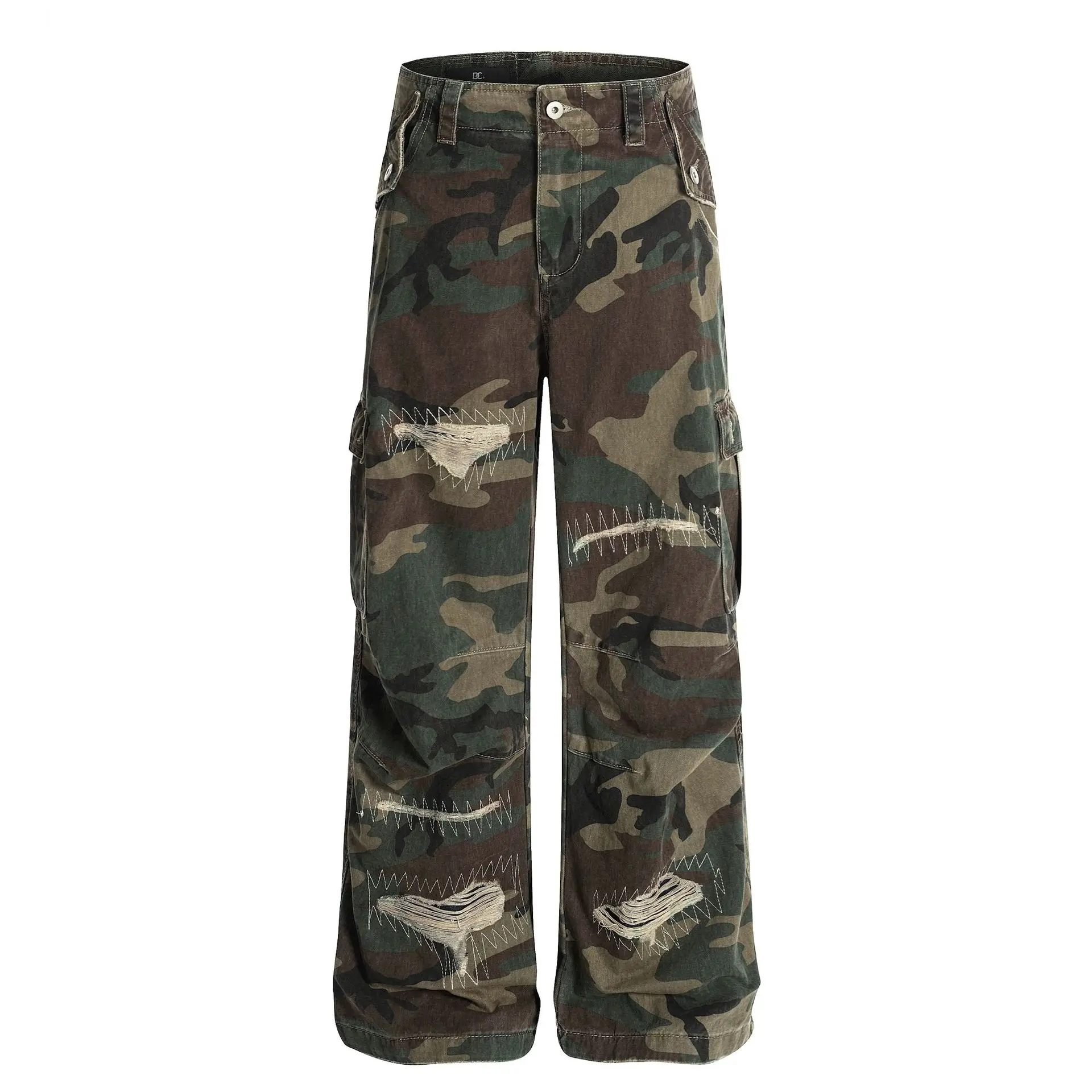 Camouflage Casual Men's Denim Cargo Pants American Style Multi-Pocket Straight Wide Leg Draped Jeans Unisex Chic Bottoms Pants