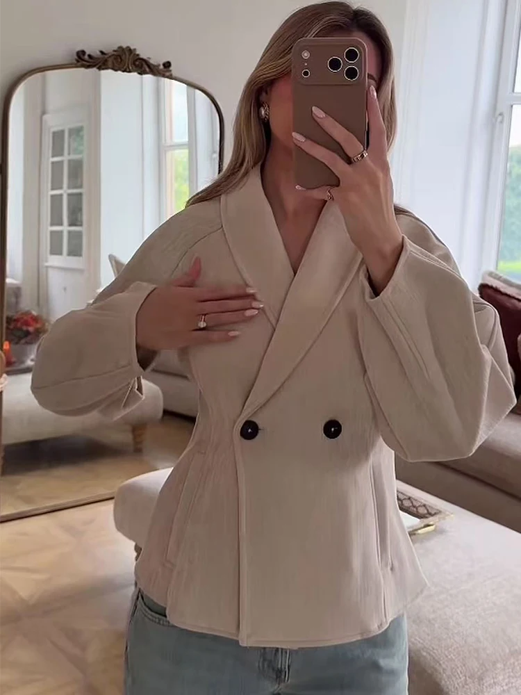 TFMLN Women Casual Style Jackets Double Breasted Long Sleeve Simple Commute Style Suit Jacket Elegant Retro Short Coat Lady
