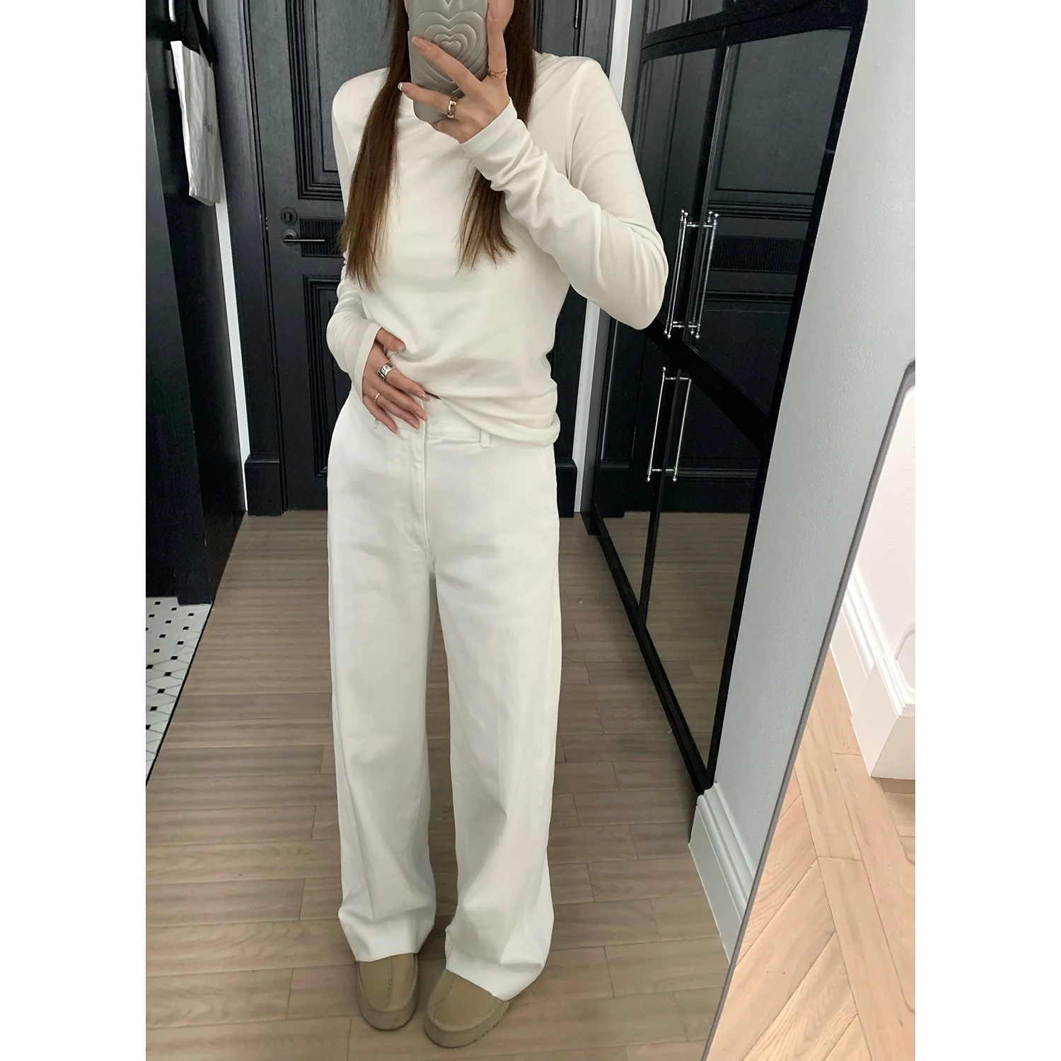 

Женские свободные джинсы Y Studio прямого кроя, белые, повседневные, с высокой талией, утягивающие, осенне-зимние, новинка, простой дизайн