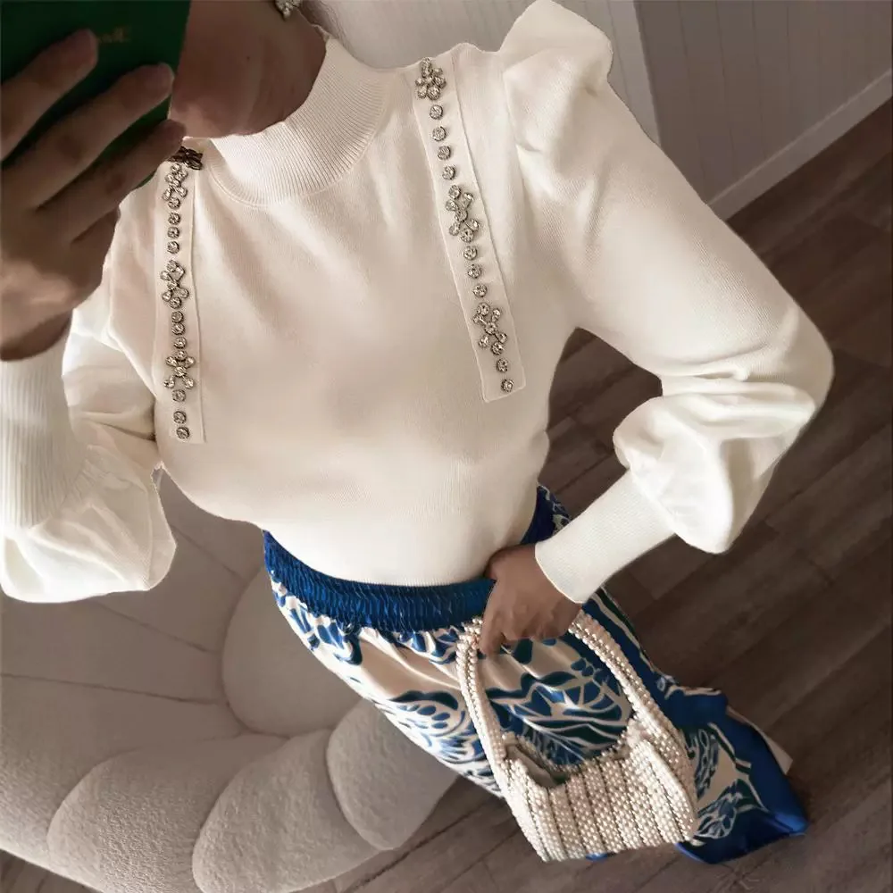 Mock Neck Knit Sweaters Gigot Sleeve Rhinestone Decor Pullover Tops Women Solid Color Tops