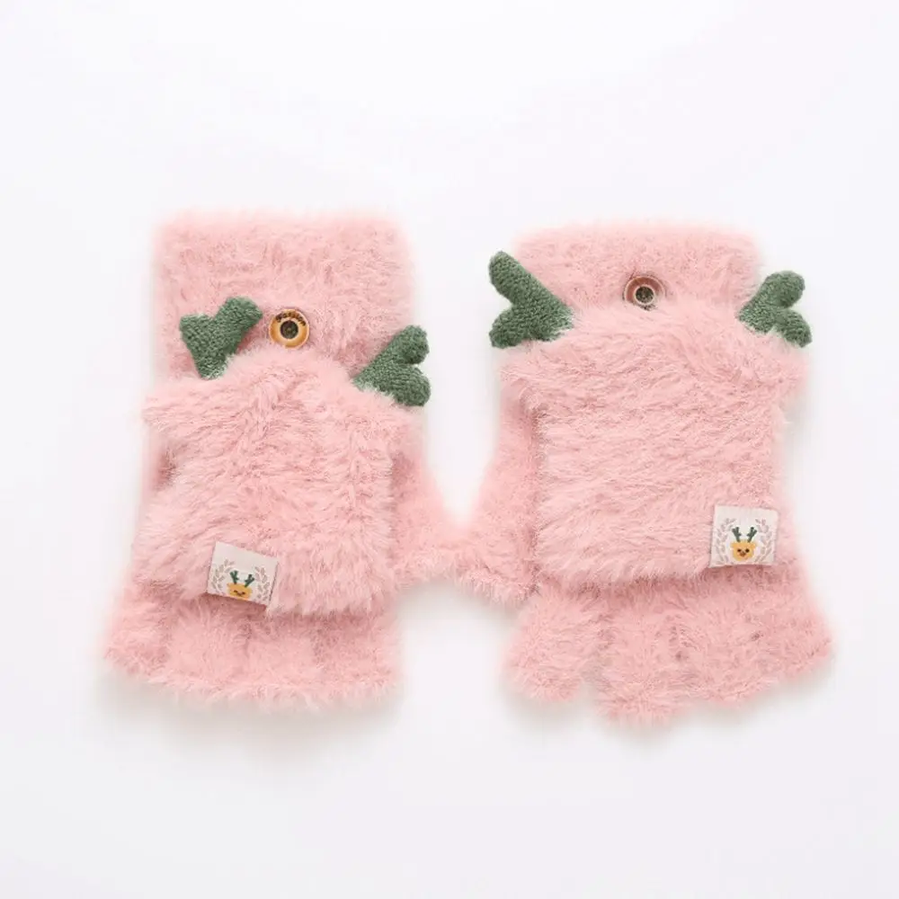 

Breathable Antlers Autumn And Winter Plus Velvet Women Christmas Wool Mittens Half-finger Gloves Female Gloves Flip Mittens