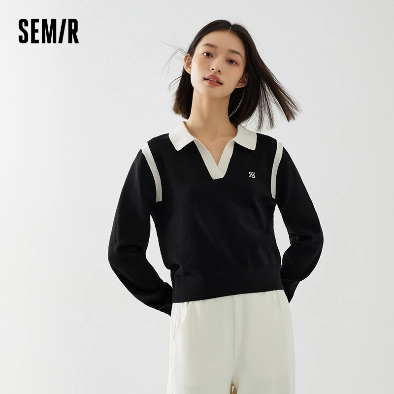 Semir Sweater Women Short Polo Neck Sweater Simple Style Versatile Autumn Slimming Temperament Contrast Color Bottoming Shirt