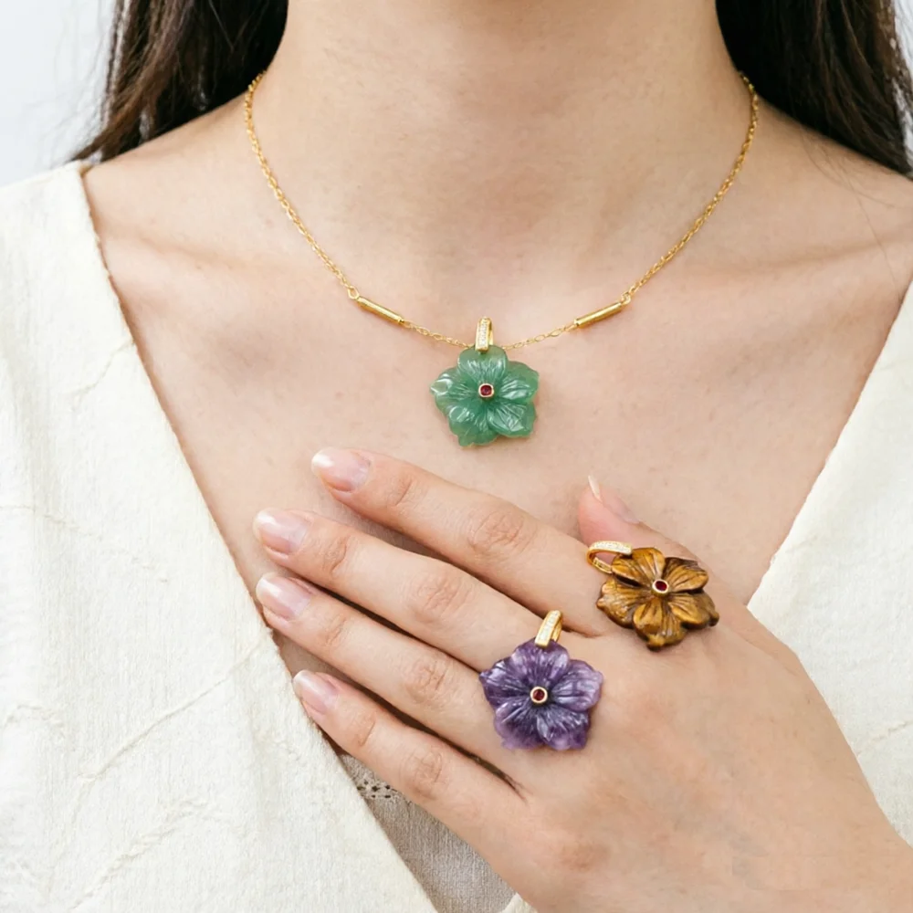 

28mm Natural Crystal Stones with Zircon Flower Shape Amethyst Rose Quartz Lapis Gemstone Charms for DIY Jewelry Accessories