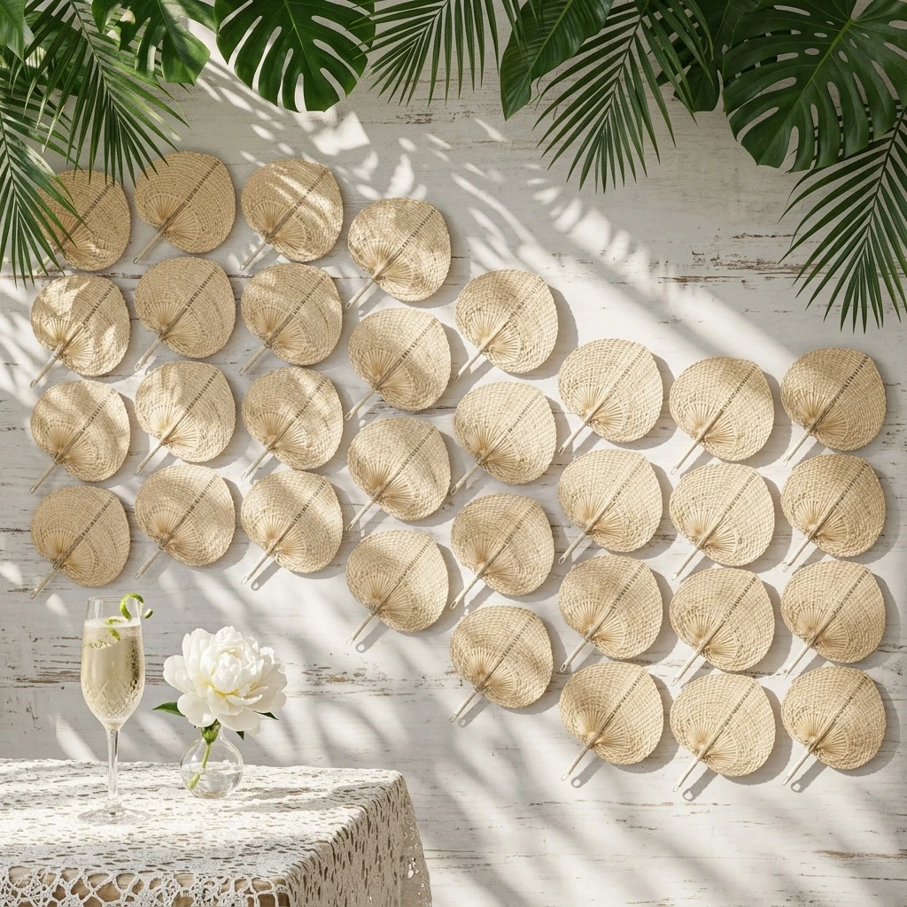 30-10PC Natural Handmade Rattan Palm Leaf Fan Handwoven Boho Raffia Fan for Summer Cooling Wedding Favors & Farmhouse Decor