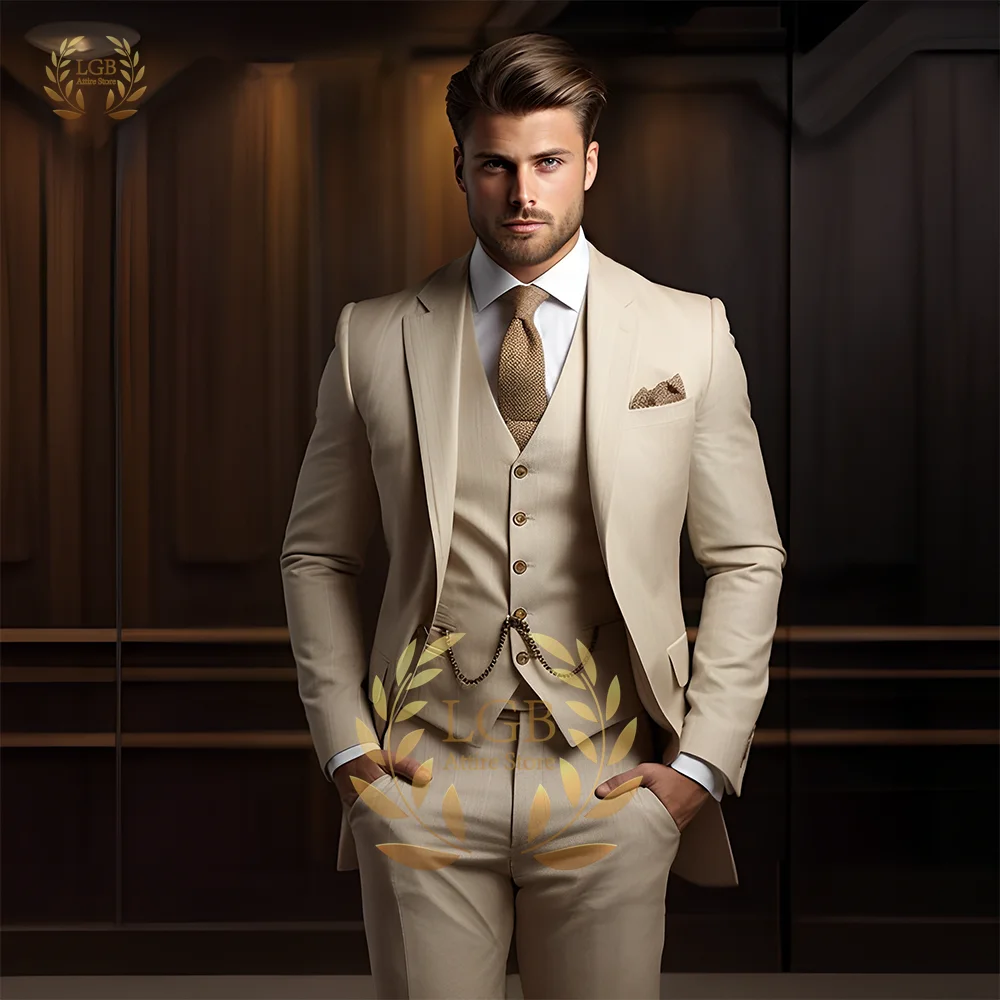 Traje de boda de esmoquin de 3 piezas de color caqui para hombre - Trajes de boda personalizados - Trajes de moda formales - Traje de fiesta