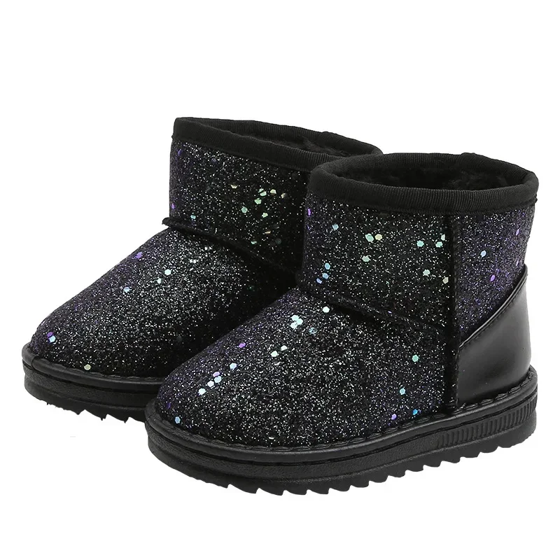 Stivali da principessa in velluto spesso Sneaker alla moda per bambini Stivali da neve caldi per bambini in peluche Scarpe invernali in cotone con paillettes per nuove ragazze per bambini