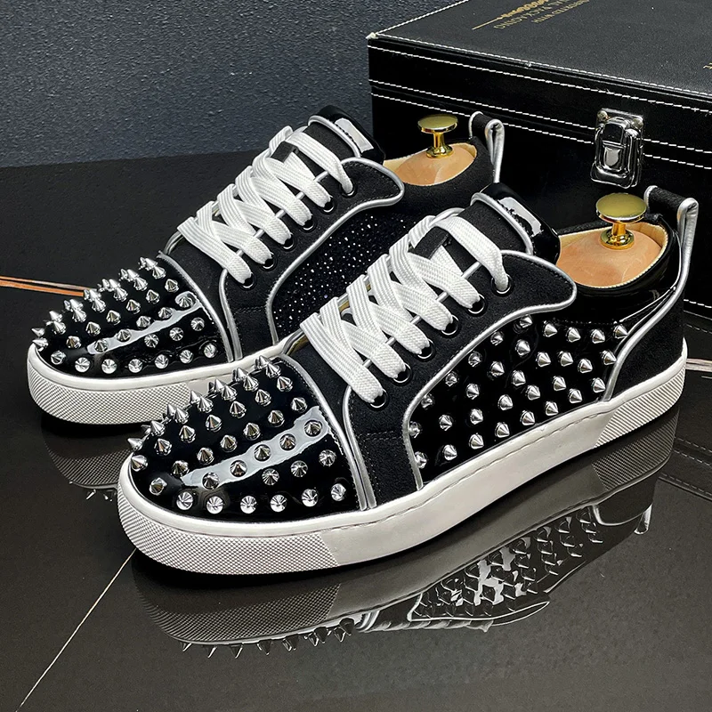 Men luxury fashion stage nightclub rivets shoes soft leather studded shoe flats platform spikes sneakers designer trend footwear