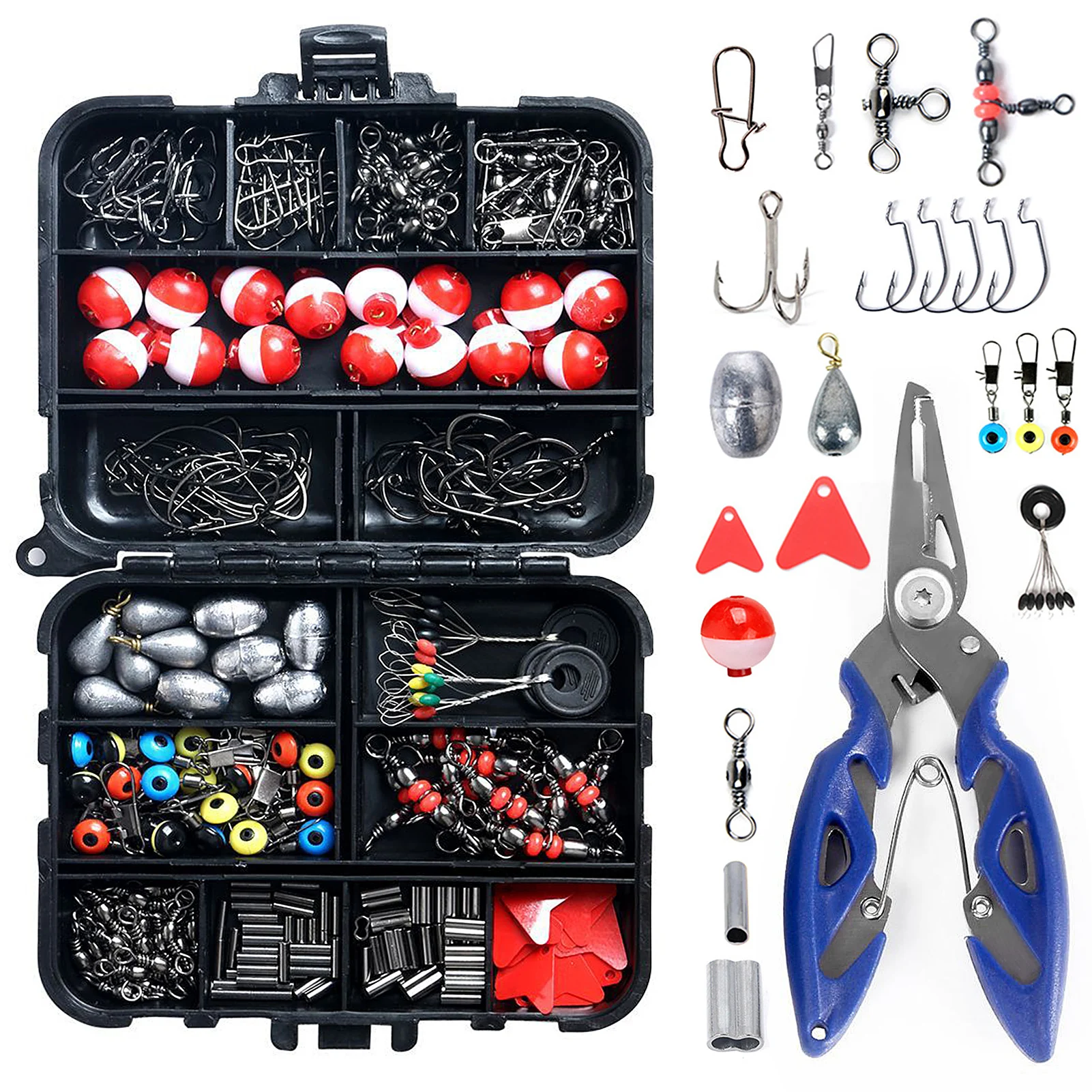 263pcs Fishing Accessories Set with Tackle Box Including Plier Jig Hooks Sinker Weight Swivels Snaps Sinker Slides Kit Outdoor