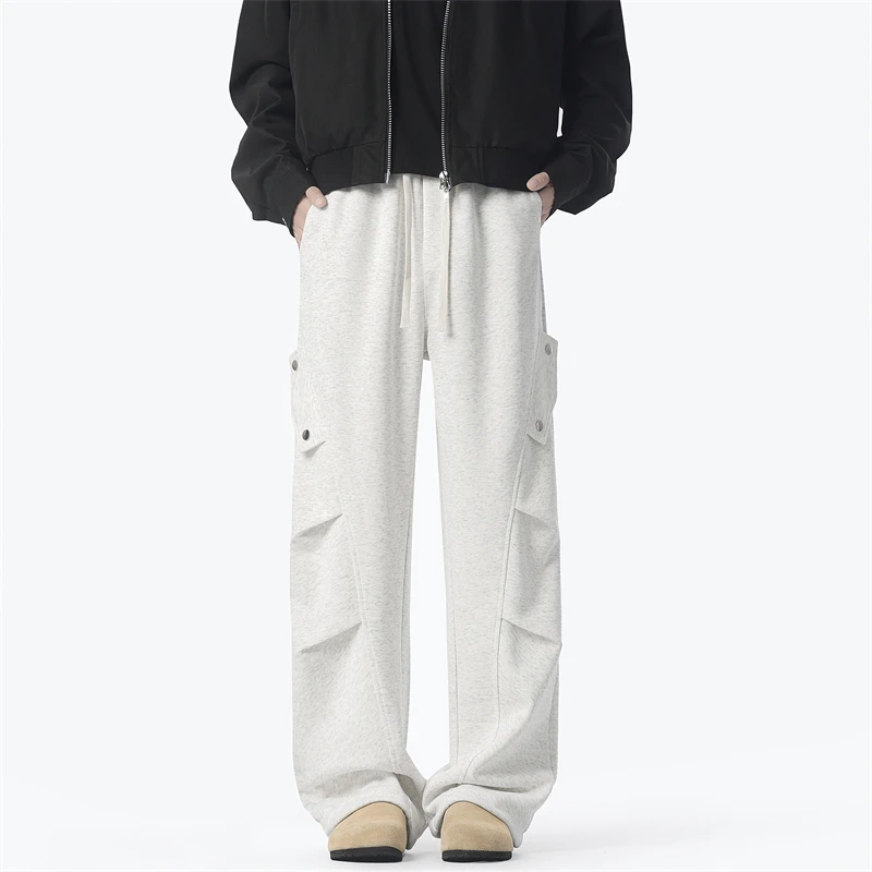 New Simple Men's Casual Pants Pleated Design Solid Color Drawstring Deconstruction Wide Leg Elastic Waist Sweatpants