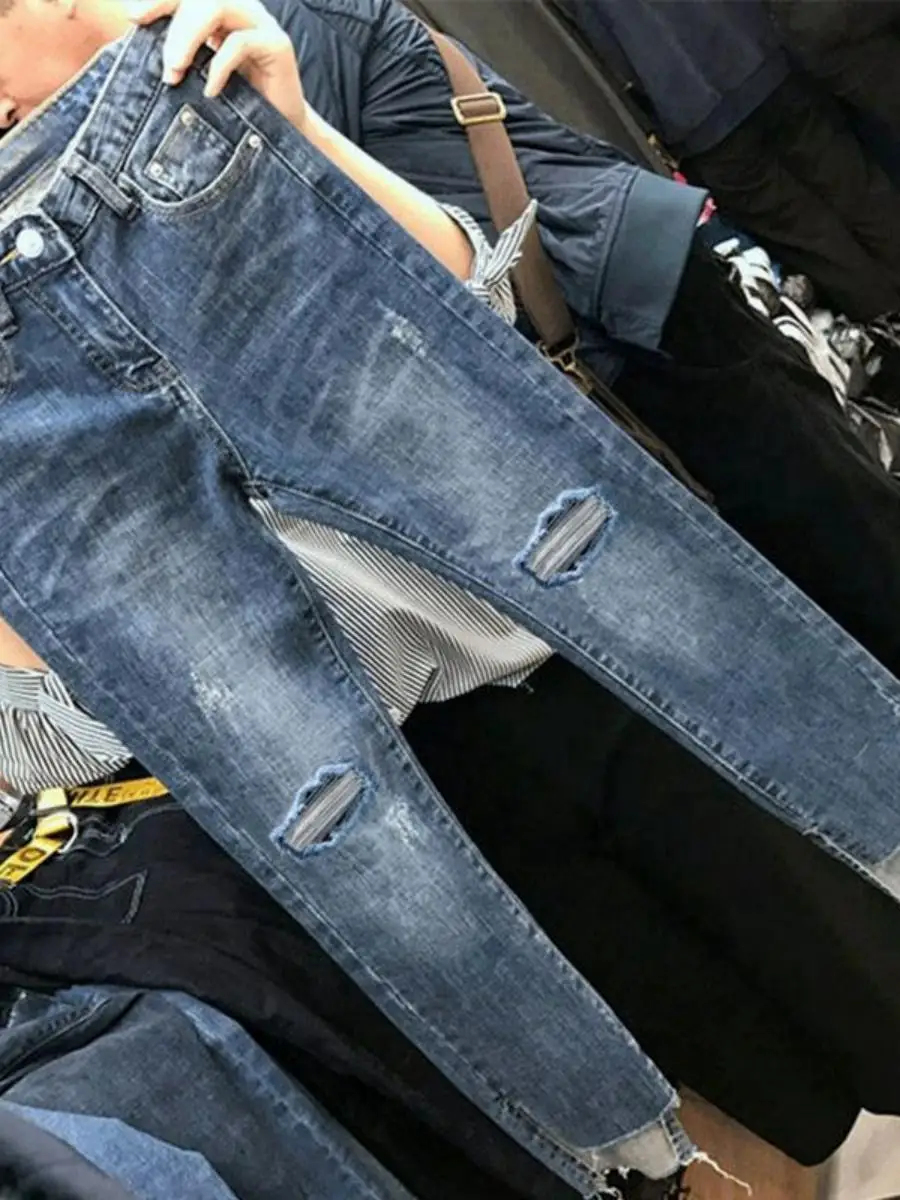 

High Waist Slim Fit Denim Jeans Women's Fashion Autumn Hole Design Pencil Pants Nine Points Trendy Skinny Leggings