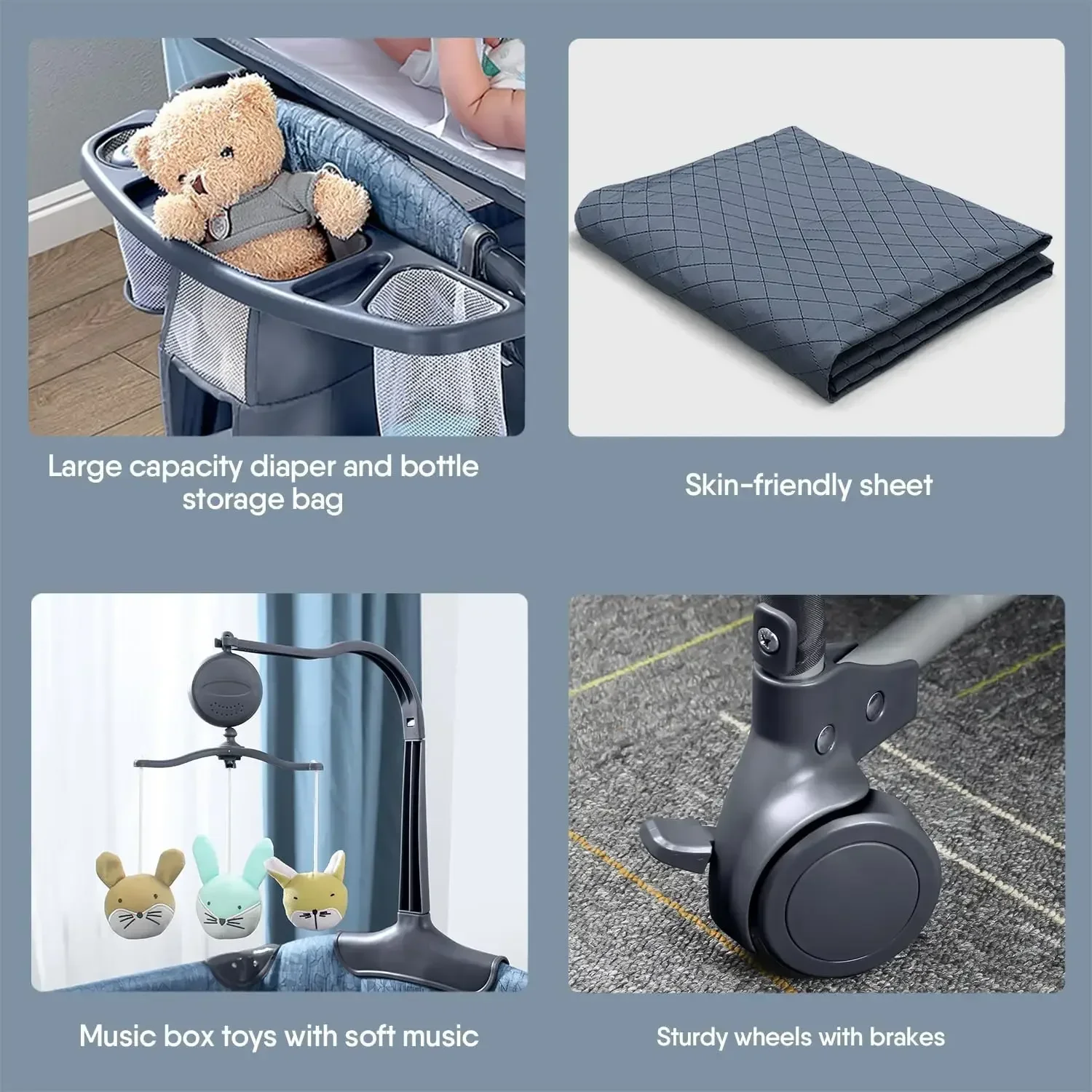 Baby Bassinet Bedside Crib Playpen Sheet Diaper Changer Music Mobile Newborn Toddler Portable Large Playard
