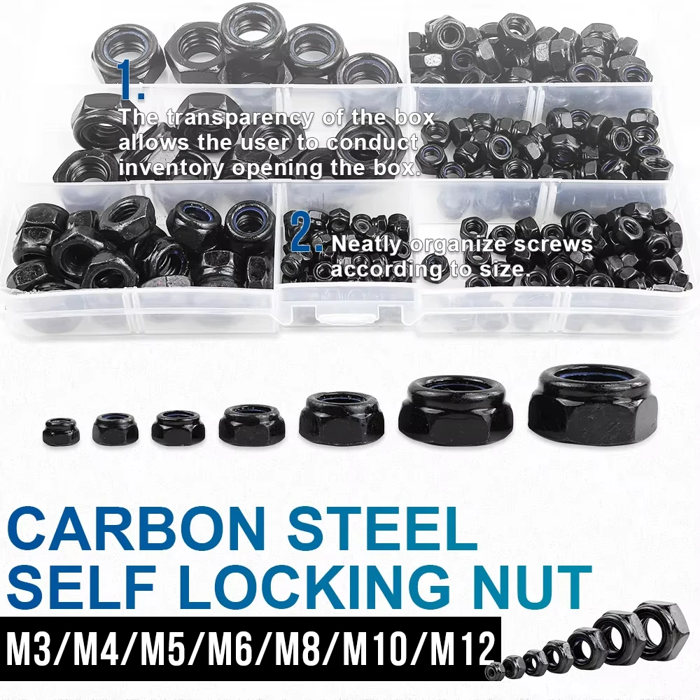 357/200/162pcs Mix M2 to M12 Set Kit  Black Carbon Steel Hexagon Nylon Insert Lock Nut Hex Self Locking Nylock Locknut