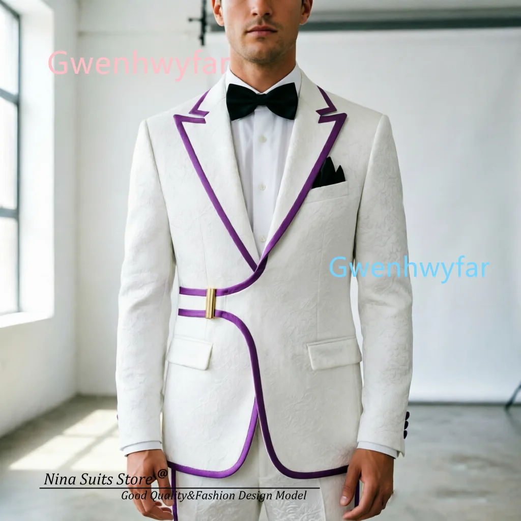 G&N 2026 White Jacquard Men's 2-piece Tuxedos Men's Elegant Wedding Suit Collar and Pants with Satin Lines in Purple Green Gold