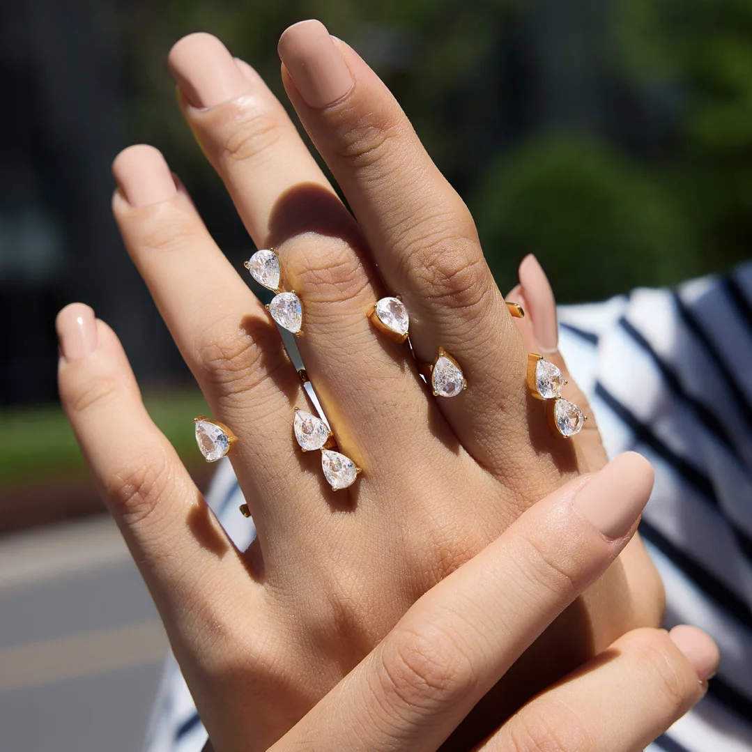 Gold‑Plated H‑Shape Hollow Open Ring Teardrop Cubic Zirconia Inlay Adjustable Double Layer Statement Finger Ring For Women