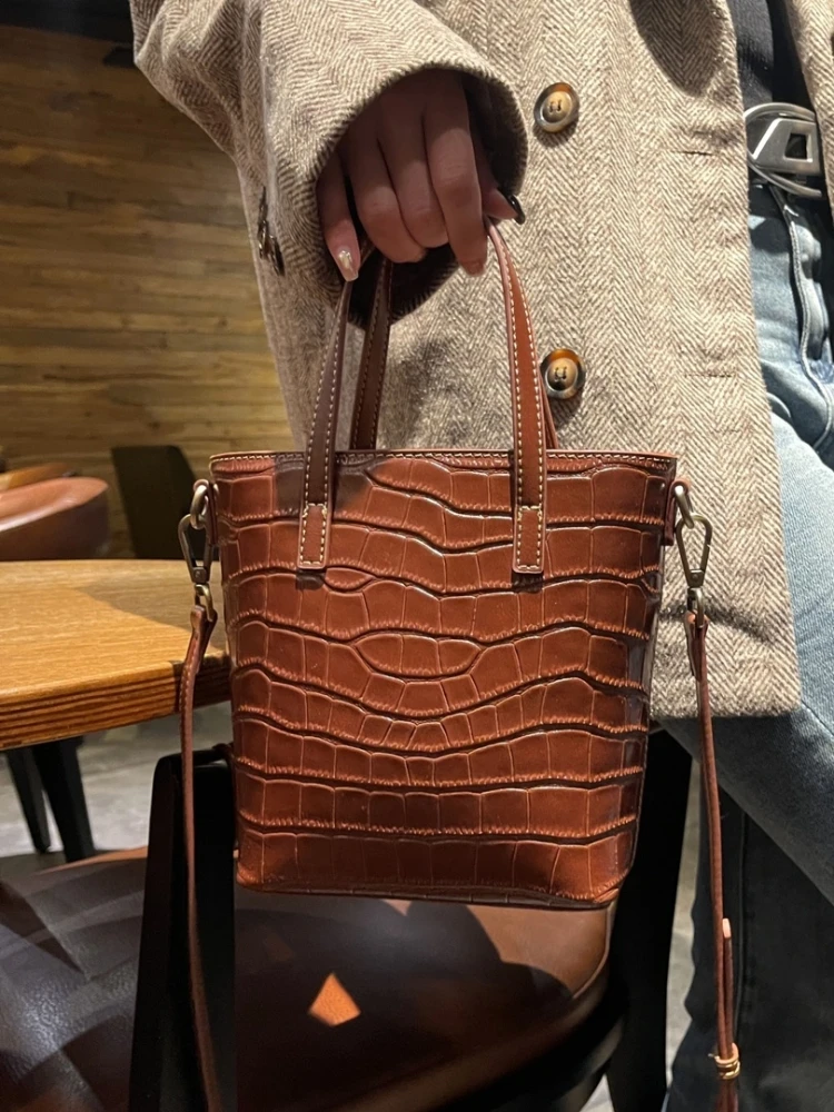 

Women Mini Bucket Bag Casual Simple Handbag Ladies Cowhide Fashionable Multi-function Crossbody Bag Crocodile Patterned Cowhide