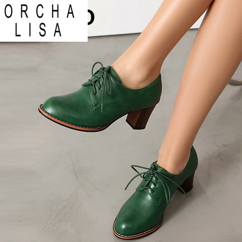 

ORCHA LISA 2025 Весенние женские туфли-лодочки с круглым носком на массивном каблуке 6,5 см, большой размер 42 43 44 US12 Sweet Shoes Зеленый Черный