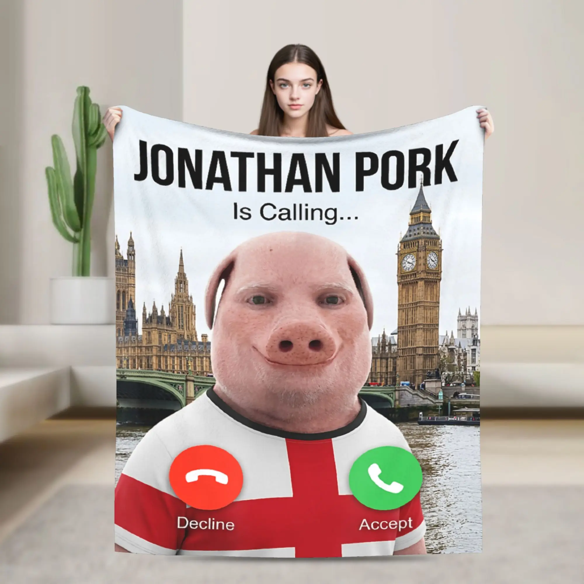 John Pork is Calling Brainrot Meme England Flag UK Plush Blanket Flannel Throw Blanket For Bedroom Warm Bedspread Gift Idea