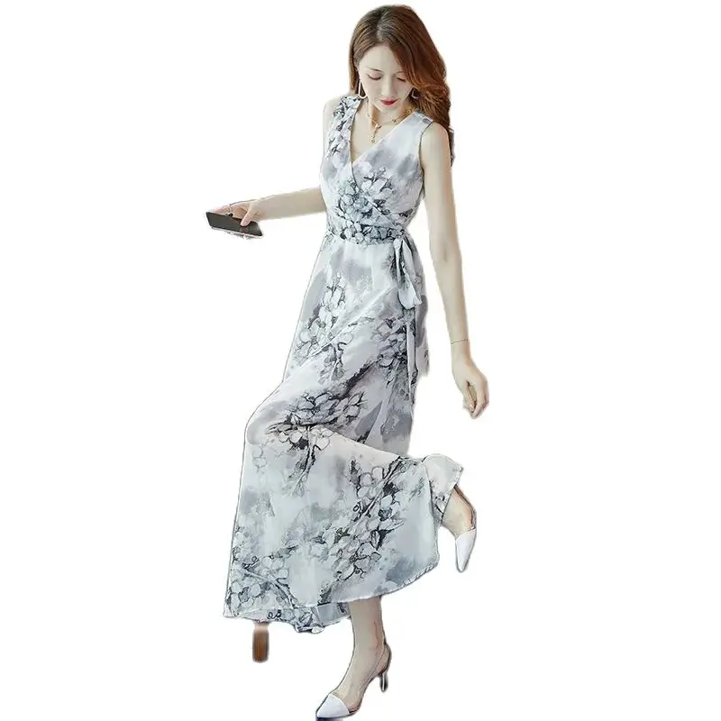 

Fashion Chiffon Print Dress Women's Long Summer Dress New L argeSize Loose Slim Vneck Sleeveless A-word Long Skirt Women's Tide