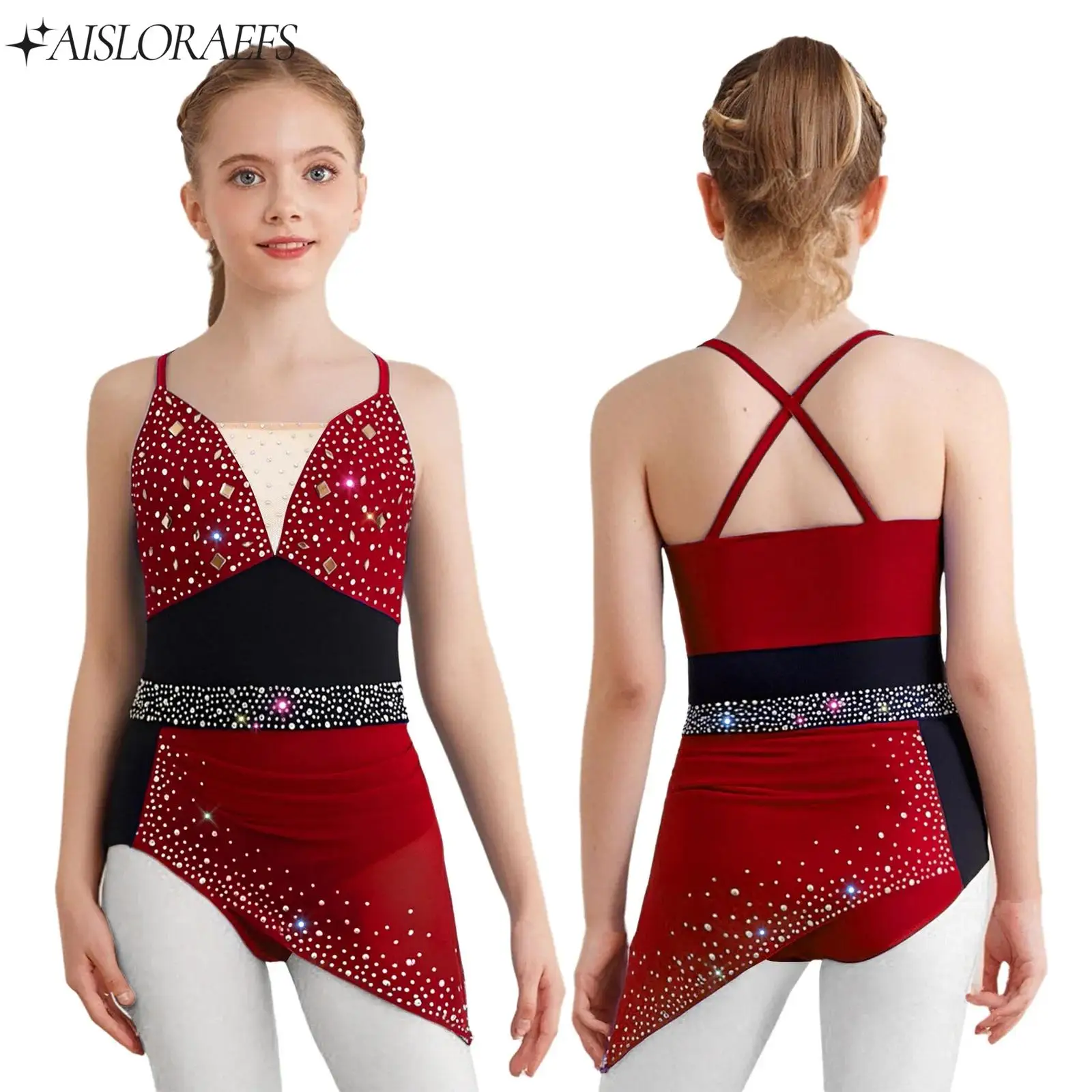 

Girls Ballet Lyrical Dance Dress Artistic Figure Ice Skating Gymnastics Performance Costume Sparkly Rhinestones Ruched Dress