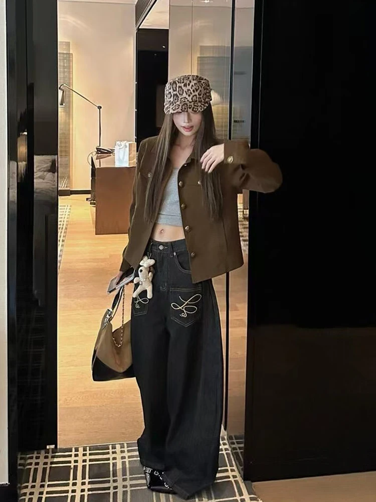 American Retro Coffee Color Women's ort Jaet Motorcycle Clothes Outerwear Workwear Sle Autumn Faion Versatile Top