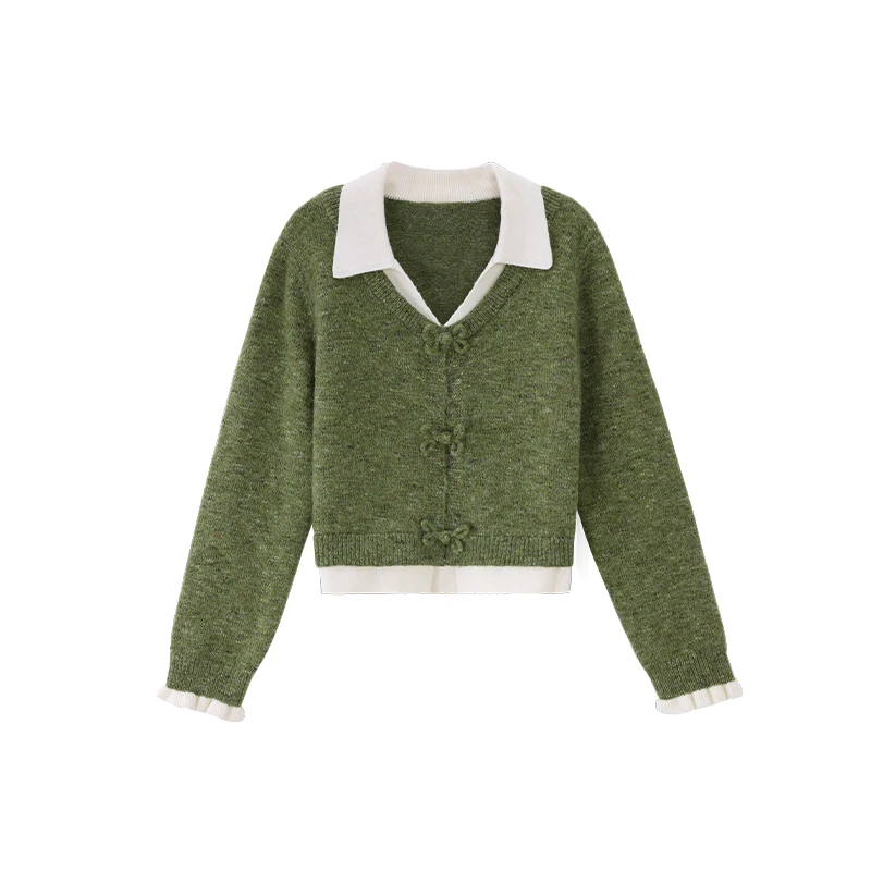 เสื้อสเวตเตอร์ผู้หญิง ALXNAN แบบสองชิ้นปลอม แต่งผ้าปะติด ปกผูกโบว์ ถักนิตติ้ง ใส่สบาย นุ่มนวล เหมาะสำหรับใส่ไปทำงาน รุ่น L580103