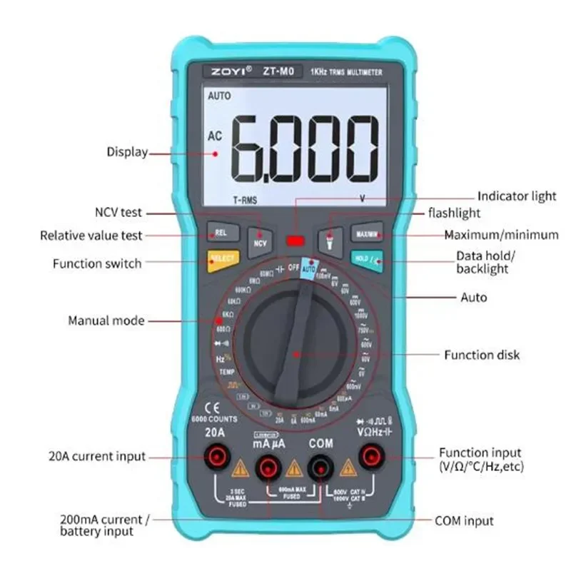 ZOYI ZT-M0 6000 High precision True RMS Auto Range Ammeter Voltmeter Smart Capacitor Temperature NCV Ohm Hz Tester