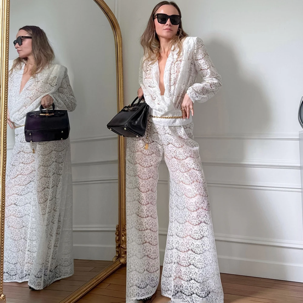 

Tuularose Lace Pant Sets White Lace Jacquard Pullover Top Fashion Trouser Set Summer High Street Vintage Lace Women Pant Sets