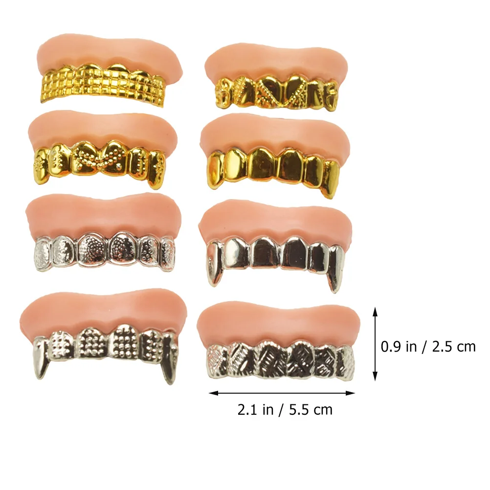 

8pcs PVC Fake Teeth Simulation Electroplated Gold Silver Fake Teeth Vampire Dentures Zombie Fake Teeth Halloween Trick Props