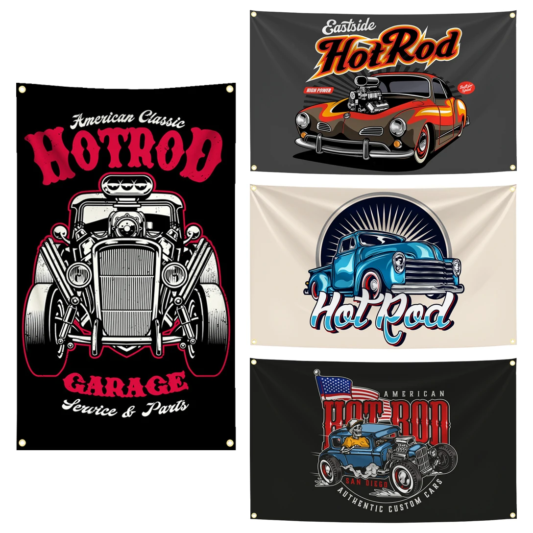 90 x 150 cm klassischer Hot Rod, individueller Auto-Flaggen-Wandteppich, Polyester-Digitaldruck, Banner für Garage, Wandkunst, Außendekoration