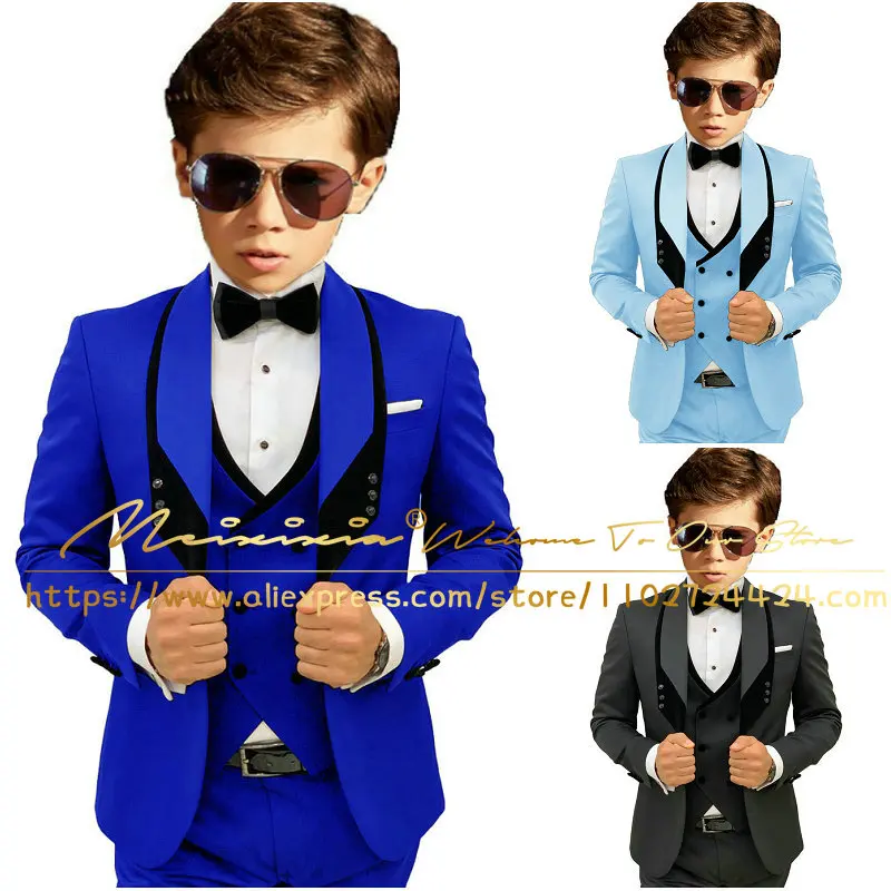 

Flower Boys Formal Blazer Suit Kids Jacket Vest Pants Royal Blue Wedding Tuxedo Set Children Prom Costume Performance Dress