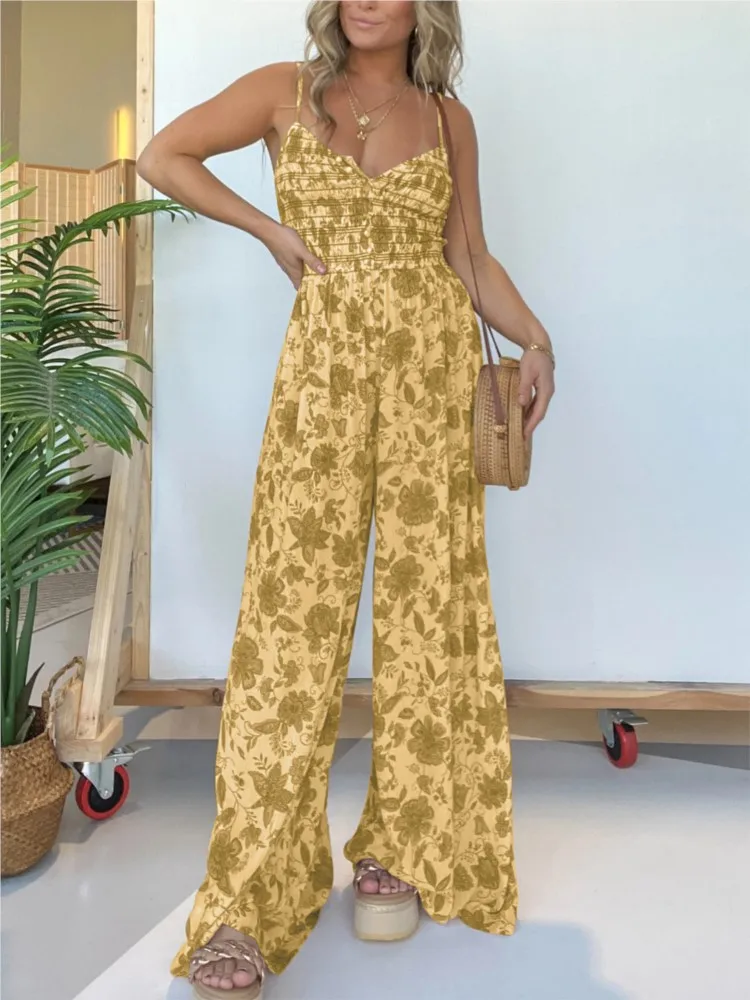 Women's Sexy Spaghetti Strap Jumpsuit Summer Floral Print Buttons Backless High Waist Wide Leg Pants Casual Jumpsuits Streetwear
