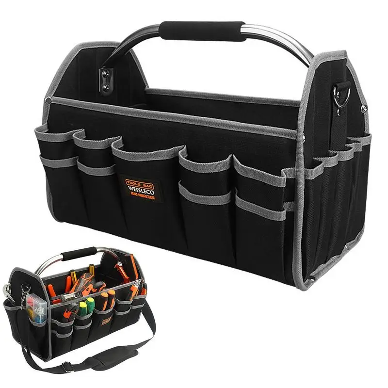 Open Top Tool Tote Bag Foldable Electrical Tool Bag Water-Resistant with Adjustable Shoulder Strap Reinforced Storage Pouch