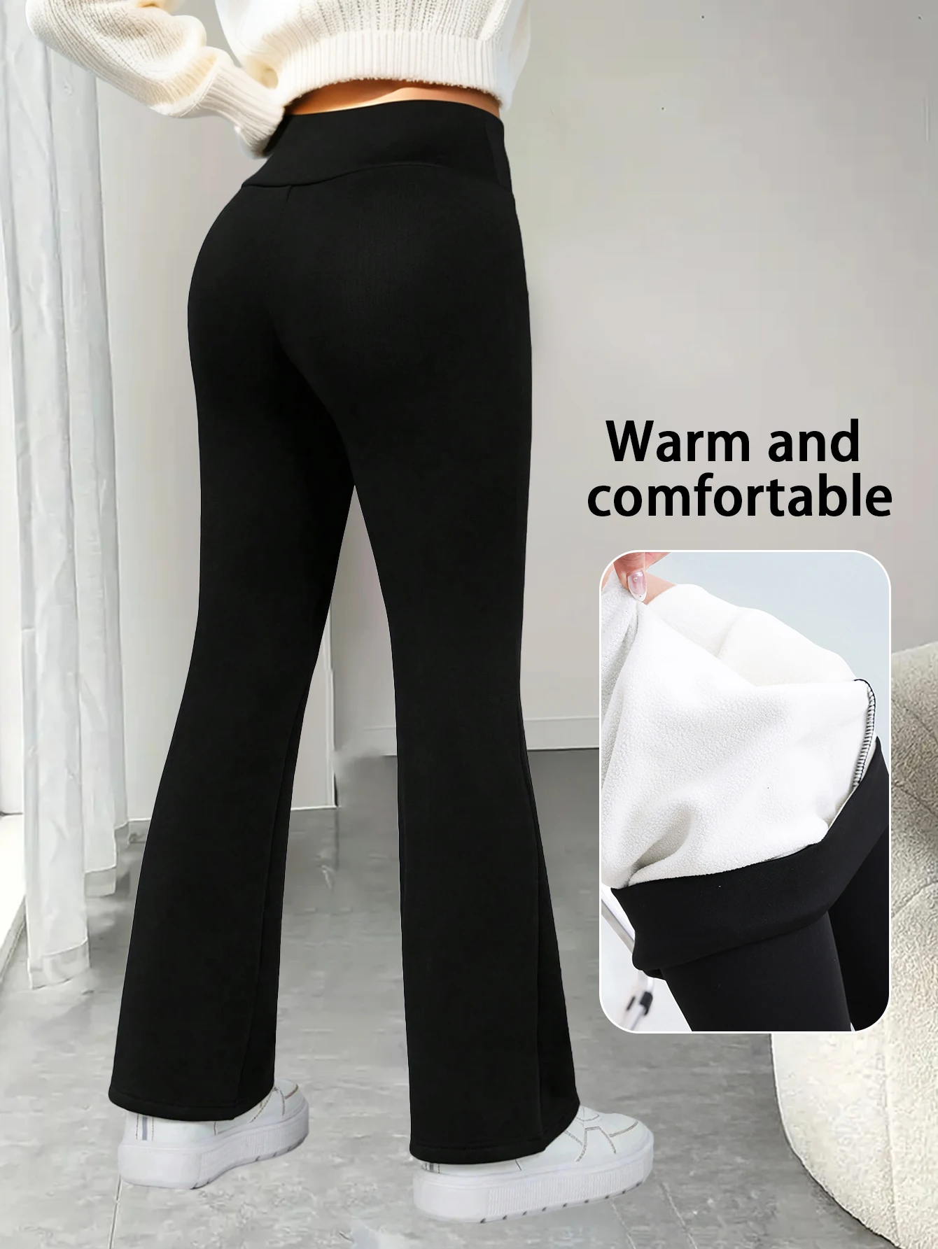 بنطال حراري نسائي، كامل الطول، مضيئة، حذاء برقبة واسعة، طراز Y2K قديم، مبطن بالصوف، عالي الخصر، مريح