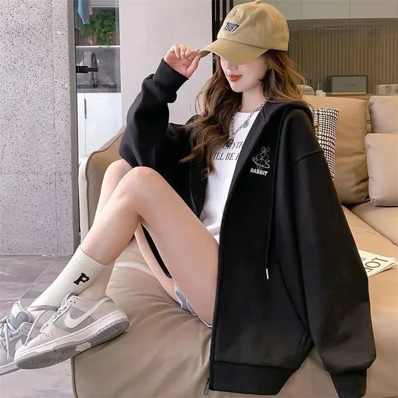 Harajuku Kawaii Grey Zip Up Hoodie Women Sweet Cute Cartoon Beige Hooded Sweatshirts Oversize Korean Fleece Girly Hooded Top Y2K