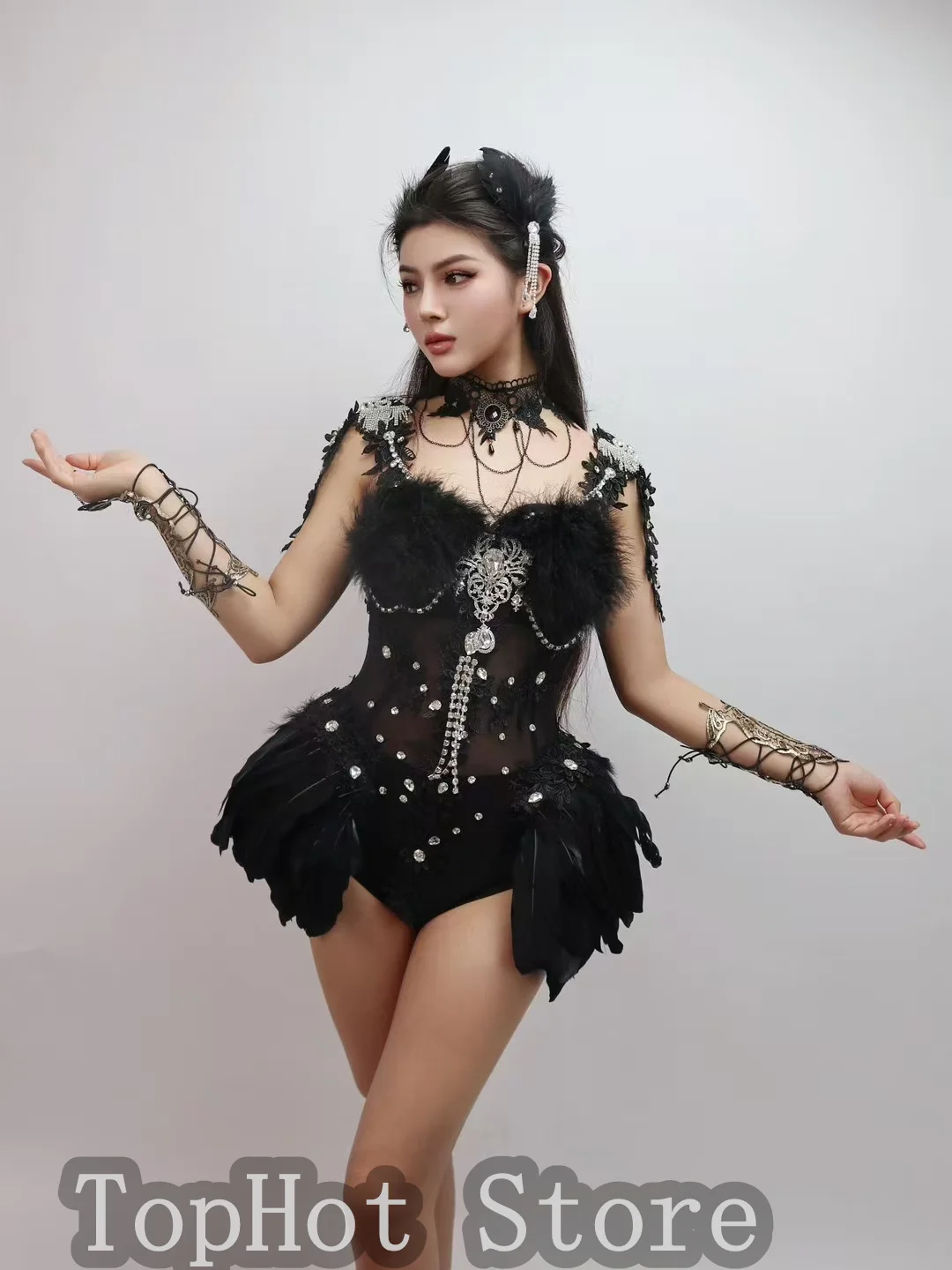 Vrouwen Zanger Danser Nachtclub Gogo Dans Kostuum Zwarte Veer Transparant Kant Bodysuit Sexy Stadium Slijtage Club Party Prestaties