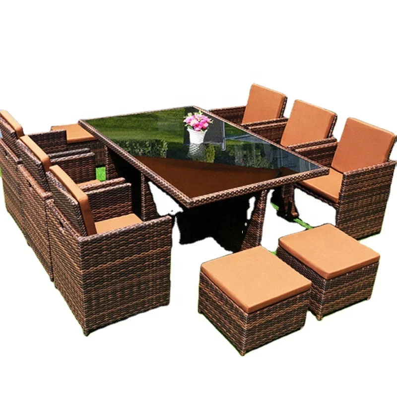 Unique Style Outdoor Wicker Furniture Woven Rattan Cube Dining Table Set Garden