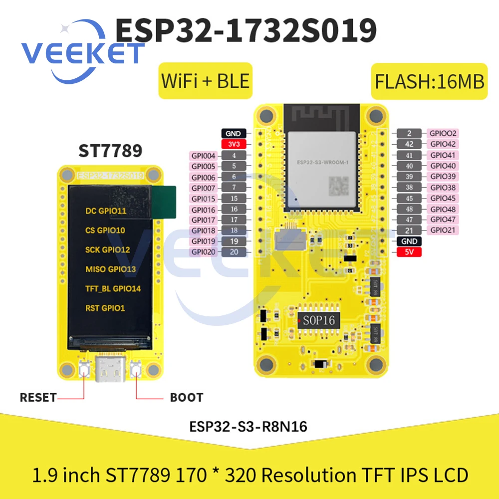 Placa de desenvolvimento ESP32-S3 LCD TFT Módulo IPS WIFI + Bluetooth 8M PSRAM 16M Flash Tipo-C Interface