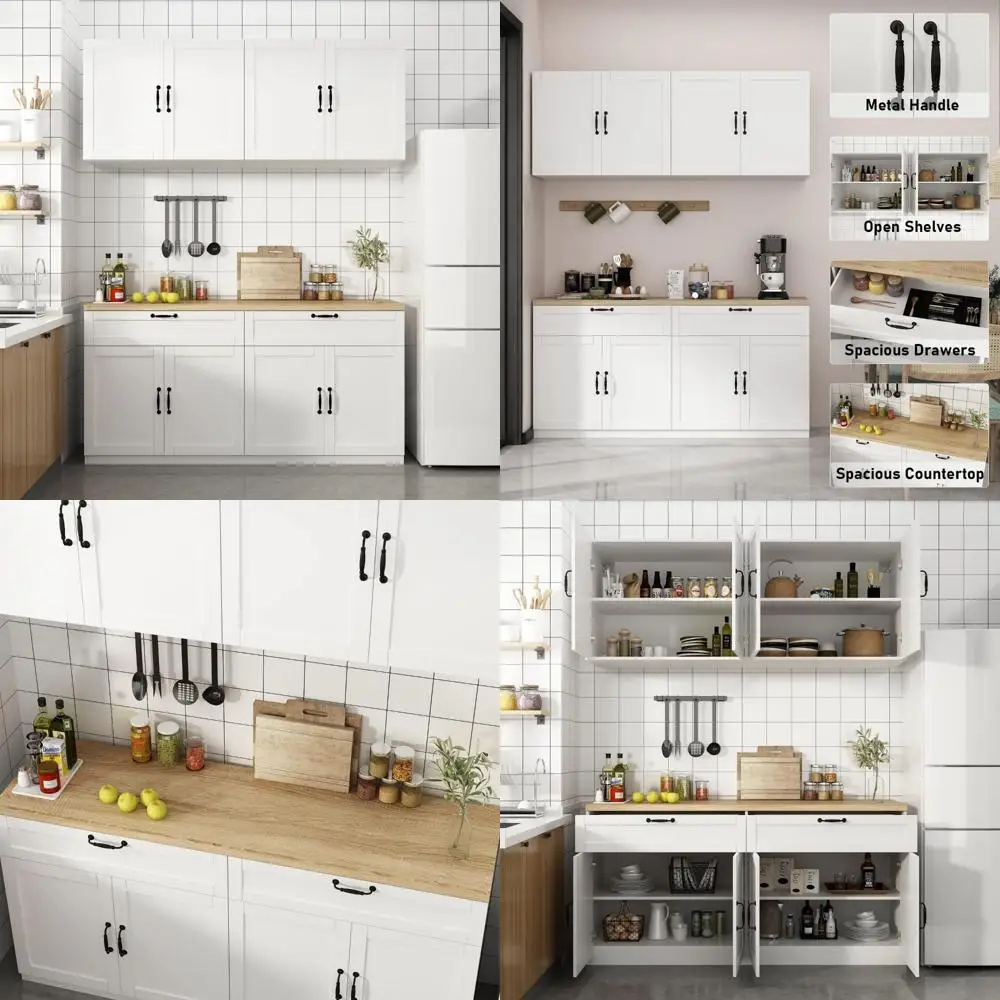 

Wall-Mounted Kitchen Pantry Cabinet with Drawers & Doors, White Countertop Storage